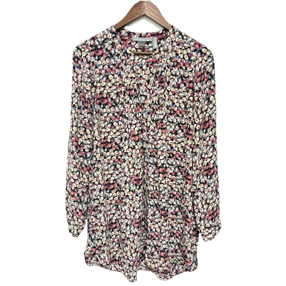 Daniel Rainn Floral Blouse Tunic Top M Pink Black Pleated Boho Missing Belt